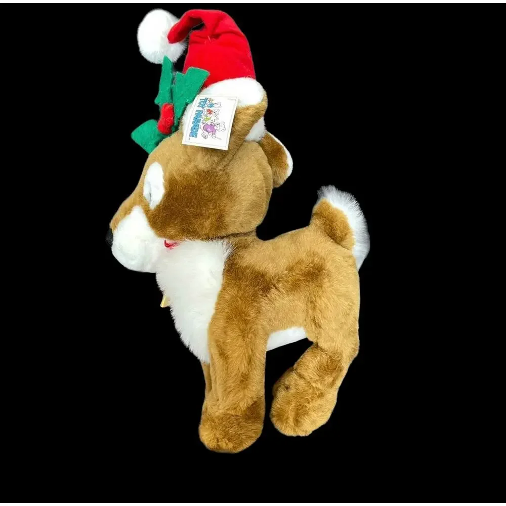 Vintage Reindeer Plush Christmas Stuffed Animal Wearing Santa Hat Toy TAGS